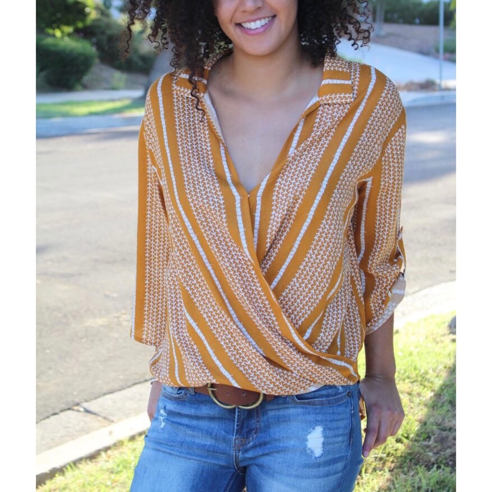 MOD Boutique Surpliced Mustard Print Blouse